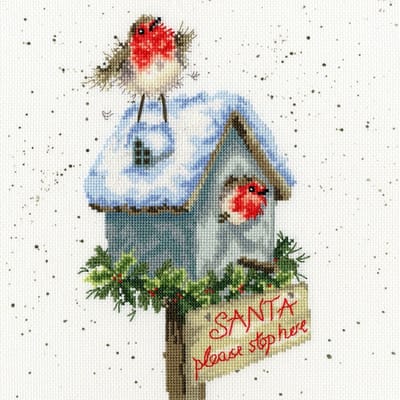 Bothy Threads Borduurpakket Santa Please Stop Here - Roodborstjes in de sneeuw