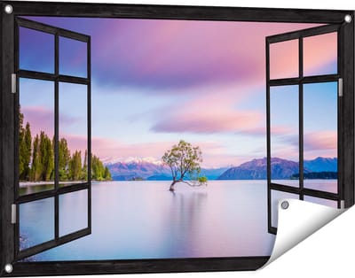 Gards Tuinposter Doorkijk Wanaka Boom in het Water bij Zonsopgang - 90x60 cm - Tuindoek - Tuindecoratie - Wanddecoratie buiten - Tuinschilderij