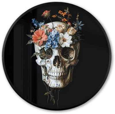 Poster in lijst Rond - Fotolijst 60x60 cm - Posters - Bloemen - Schedel - Kleurrijk - Ronde posterlijst zwart - Decoratie - Wanddecoratie woonkamer - Muurdecoratie slaapkamer