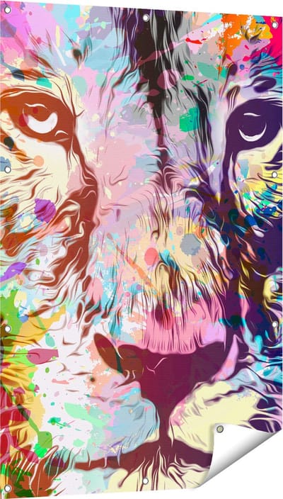 Gards Tuinposter Gekleurde Leeuw - Abstract - 80x120 cm - Tuindoek - Tuindecoratie - Wanddecoratie buiten - Tuinschilderij