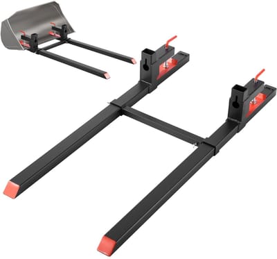 Palletvorken - Klembevestiging - Verstelbare Stabilisatiestang - Draagvermogen 907 kg - Totale Lengte 149 cm - Voor Tractor, Shovel en Compacte Lader - Zwart