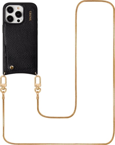 Casies leren hoesje geschikt voor Apple iPhone 11 met lang gouden koord en pasjeshouder - 100% echt leer - Zwart - Telefoonhoesje met strap - Telefoonkoord