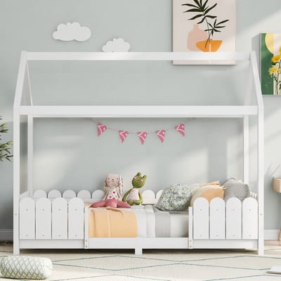Hausbett 90x200 cm - veelzijdig houten kinderbed voor jongens & meisjes - Met uitvalscherm en lattenbodem – Wit (zonder matras)