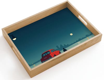 Dienblad hout 40x30 cm - Schootdienblad - Auto - Volle maan - Uitkijkend over water - Borrelplank rechthoek - Plateau dienbladen