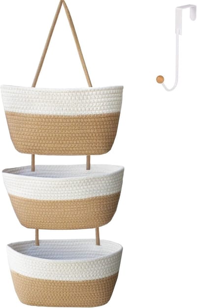 Hangende opbergmand Boven de deur hangende mand voor 3 dieren geweven katoenen touw wandhouder opbergmand decoratieve keuken hangende badkamer bevat 1 haak vlas + wit
