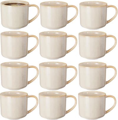 Excellent Houseware Koffiemok/theemok - set 12x - Rustic - beige - 330 ml - mokken - keramiek