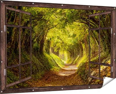 Gards Tuinposter Doorkijk Pad in het Bos met veel Bladeren - 180x120 cm - Tuindoek - Tuindecoratie - Wanddecoratie buiten - Tuinschilderij