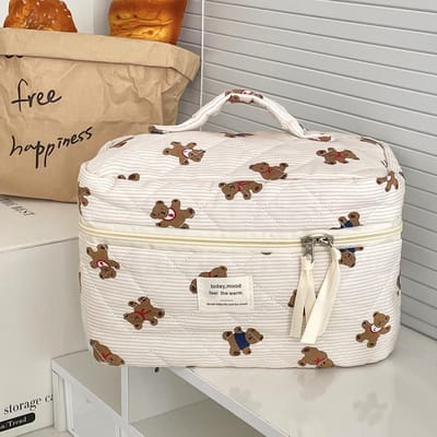 Dames Make-up Rits Tas Cartoon Beer Tote Grote Capaciteit Quilt Etui Waszak Leuke Vrouwelijke Kwast Cosmetica Opbergtas L