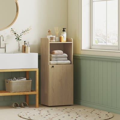 MODFU Badkamerkast - Gesloten Kast En Open Vak - Verstelbare Plank - Scandinavisch - Vrijstaand - Hout - Eiken - 40 X 31 X 104 Cm
