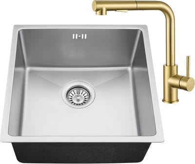 Auralum max Spoelbak voor keuken 44x44CM - Spoelbak Keuken Met Goud Keukenkraan met Uittrekbare Uitloop - Roestvrij staal - Wasbak met waterafvoersysteem - Gootsteen RVS