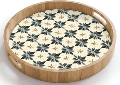 Dienblad rond 40x40 cm - Schootdienblad hout - Sierlijk - Ornament - Blauw - Borrelplank rechthoek - Plateau houten dienbladen
