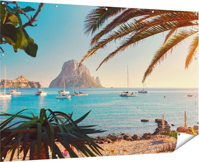 Gards Tuinposter Ibiza Cala d'Hort Strand - 180x120 cm - Tuindoek - Tuindecoratie - Wanddecoratie buiten - Tuinschilderij