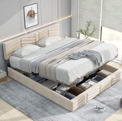 MEUNIQ gestoffeerd bed 140x200 cm met lattenbodem, verstelbaar hoofdbord en fluweelbekleding, tweepersoons bedframe voor slaapkamer met middenbalk, steunpoten Beige
