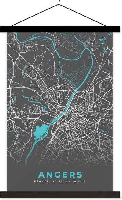 Posterhanger incl. Poster 40x60 cm - Schoolplaat - Angers - Frankrijk - Plattegrond - Kaart - Stadskaart - Textielposter - Zwarte latten - Stadskaart