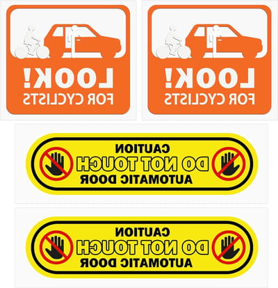 Set van 4 goed zichtbare veiligheidsstickers voor voertuigen, waarschuwingen voor fietsers en automatische deuren, vinylstickers voor autoramen en waarschuwingslabels