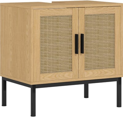 Wishdor - Wastafelonderkast - Met Rattanlook En 2 Planken - Boho - Voor Badkamer - Houtmateriaal - Eikenkleur - 60 X 39 X 60 Cm