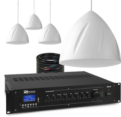 Power Dynamics 100V geluidsinstallatie met 4 hangende speakers en versterker - 120W - Wit