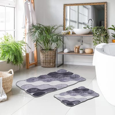 Antislip Ovale Badmatset 2-delig - Wasbaar Badkamertapijt (Grijs, 60 x 100 cm en 50 x 60 cm)