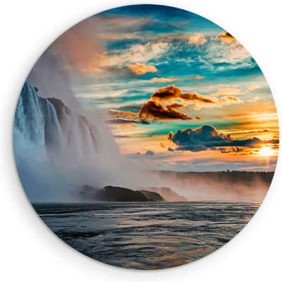 Saammp Muurcirkel Hout - Waterval met zonsondergang - Landschap - Natuur - Ø 90 - Wandcirkel - Wanddecoratie Cirkel - Muurdecoratie Woonkamer - Slaapkamer decoratie - Rond Schilderij