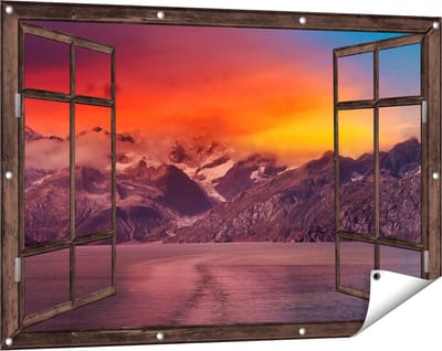 Gards Tuinposter Doorkijk Meer bij de Bergen bij Zonsondergang - 120x80 cm - Tuindoek - Tuindecoratie - Wanddecoratie buiten - Tuinschilderij