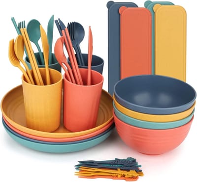 Set – 44-Delig Picknickservies voor 4-5 Personen – Lichtgewicht, Herbruikbaar Kunststofservies met Borden, Kommen, Bekers en Bestek