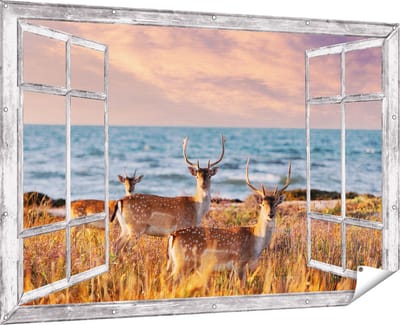 Gards Tuinposter Doorkijk Drie Herten aan de Zee tijdens Zonsondergang - 180x120 cm - Tuindoek - Tuindecoratie - Wanddecoratie buiten - Tuinschilderij
