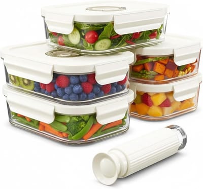 Glazen Voedselcontainers - Vacuüm Opslag - Voedsel Langer Vers - Handmatige Vacuümpomp - 5 Stuks 1040ml - Transparant