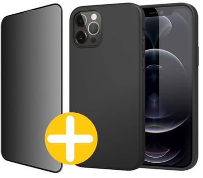 Hoesje en Privacy Screenprotector Combi Geschikt Voor iPhone 12 / 12 Pro - Zwart Hoesje + Privacy Glas