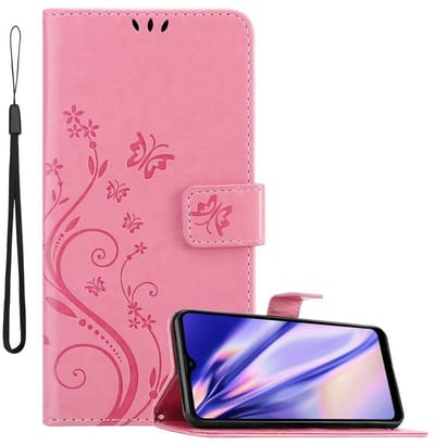Cadorabo Hoesje geschikt voor Samsung Galaxy A21 in BLOEMEN ROZE - Beschermhoes in bloemmotief met magnetische sluiting, standfunctie en kaartsleuven Book Case Cover Etui