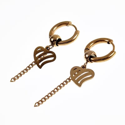 ∅15mm Oorringen Unisex - Stalen Goudkleur - Oorbellen met Ketting een Harthanger