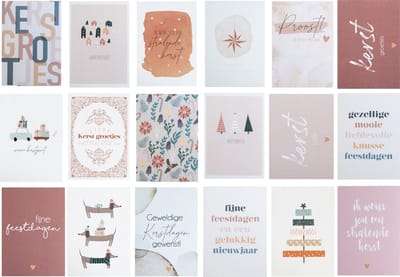 ByStudio-Steef | Kaartenset Kerst | Kaartenset mix | Set van 18 ansichtkaarten | kerstkaarten | kaartjes om te versturen | hippe kaartjes | kaartjes met tekst | wenskaarten | feestdagen kaarten | kerstkaart | hippe wenskaarten kerst |
