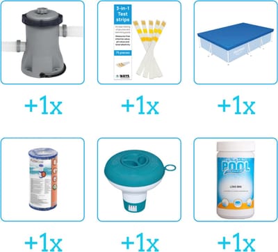 Accessoires voor Bestway Steel Pro Zwembad - 300x201x66 cm - Rechthoekig - Bestway - 56404 - Pomp - Testrips - Afdekzeil - Filter - Chloordrijver - Chloor