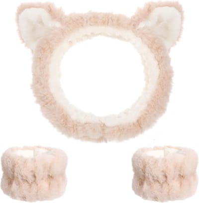 Pluche Kattenoren Haarband voor Make-up en Gezichtsreiniging - Elastische Haarband met Polsband voor Dames en Meisjes tijdens Douche, Spa en Yoga (Beige)