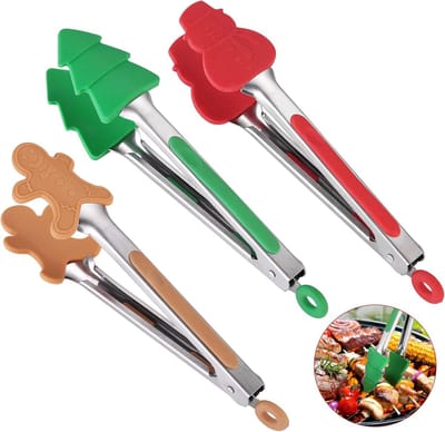 Daity Set van 3 kerst-siliconen mini-tangen - kleine kooktang van 18 cm - kinderfeestset (kerstboom - sneeuwpop - peperkoekmannetje)