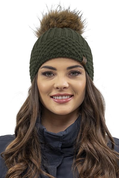 Vivisence Dames Winter Muts En Sjaal Set - Zachte Fleecevoering En Modisch Gebreid Met Kunstbont Pompon - Heerlijk Warm Op Koude Dagen En Comfortabel Voor Dagelijks Draagplezier Zonder Statisch Haar - Groen