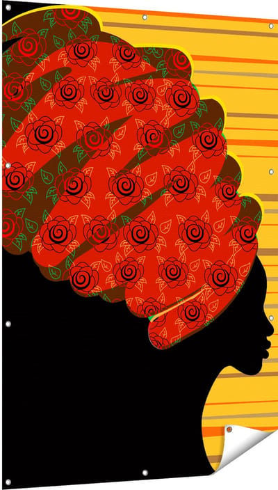 Gards Tuinposter Afrikaanse Vrouw met Bloemen Tulband - Abstract - 100x150 cm - Tuindoek - Tuindecoratie - Wanddecoratie buiten - Tuinschilderij