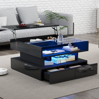 MODENUIT Salontafel - Hefbaar Tafelblad Met 2 Laden En LED - Woonkamer - Spaanplaat En Glas - Zwart - 80x80x45 cm