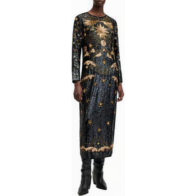 AllSaints Noushka Maxi Dress Black/gold Maat: 4 | Midi Jurken Outlet | Dames | Zwart