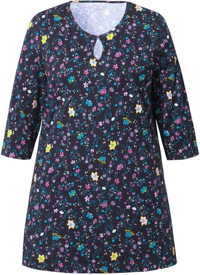 Ulla Popken - Dames - Longshirt bloemen A-lijn ronde hals 3/4-mouwen - Zwart - Maat 66+