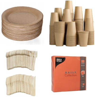 250 stuks x Houten wegwerp bestek set eco/milieubewust – 50 bruine kartonnen borden 23cm + 50 kartonnen bekers 240ml+ 50 Vorken 16cm + 50 messen 16cm+ 50 servetten oranje 32x32cm Feest/verjaardag/BBQ picknick