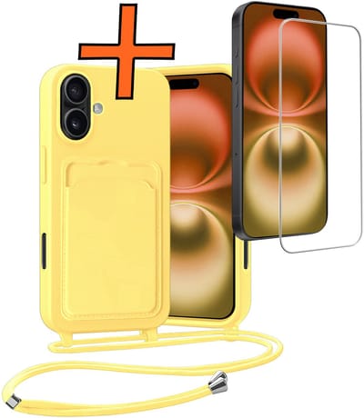 Hoesje Geschikt voor iPhone 16 Plus Hoesje Met Telefoonketting Pasjeshouder Case Met Screenprotector Koord - Hoesje Geschikt voor iPhone 16 Plus Hoes Met Kaarthouder - Geel