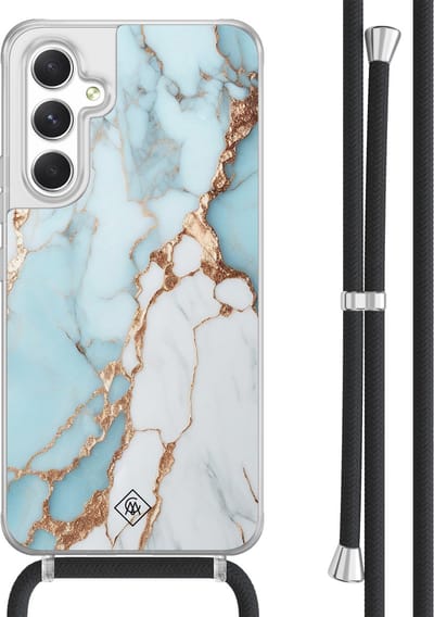Casimoda® hoesje met koord - Geschikt voor Samsung A54 - Marmer Lichtblauw - Afneembaar koord - TPU/acryl - Blauw