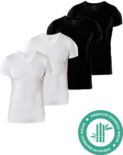 SQQUADD® Bamboe T-Shirt Heren - Slim fit - V-hals - Maat S - 4-pack - Zijdezacht en Ademend - Anti Zweet T-Shirt - Ondershirt Heren - Zwart en Wit