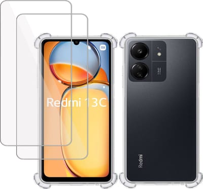 Hoesje + 2x Screenprotector geschikt voor Xiaomi Redmi 13C – Tempered Glass - Extreme Shock Case Transparant