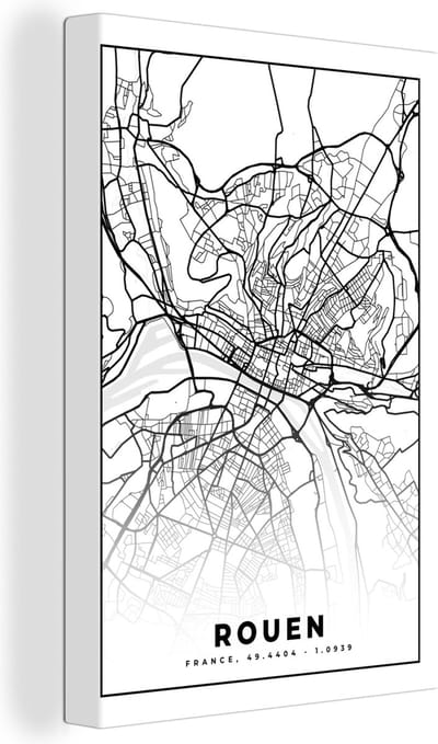 Canvas Schilderij Frankrijk - Rouen - Kaart - Plattegrond - Stadskaart - Zwart wit - 20x30 cm - Wanddecoratie