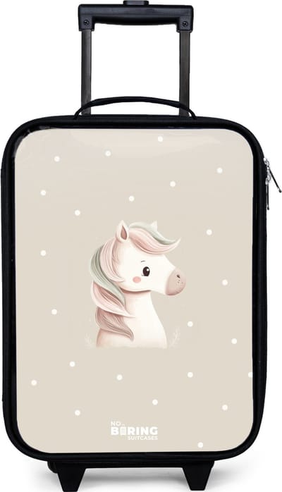 NoBoringSuitcases.com® - Kinderkoffer jongen - Kindertrolley meisje - Pony omringd door stippen in beige kleuren - Koffer kind lichtgewicht - Reiskoffer trolley voor kinderen - Koffertje met lichtgevende wieltjes - Rolkoffer zwart
