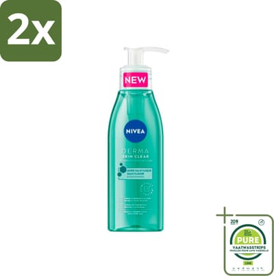 NIVEA - Reinigingsgel - DERMA Huidzuiver - Voor onzuivere huid - Met Salicylzuur (AHA) & Niacinamide - Tegen Acne & Mee-eters - 150 ml - Voordeelverpakking - 2 stuks - Gezichtsreiniger - Onzuivere huid