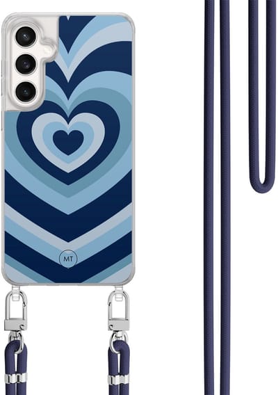 Hoesje met koord geschikt voor Samsung Galaxy S24 FE - Hart blauw - Inclusief Donkerblauw koord - Crossbody beschermhoes - Transparant, Blauw - Mooie Telefoonhoesjes