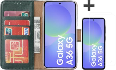 Hoesje met 2 Stuks Screenprotectors Geschikt voor Samsung Galaxy A36 – Arara bookcase met pasjeshouder - Groen