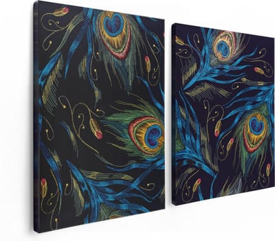 Artaza Canvas Schilderij Tweeluik Getekende Pauw Veren Achtergrond - 120x80 - Foto Op Canvas - Canvas Print
